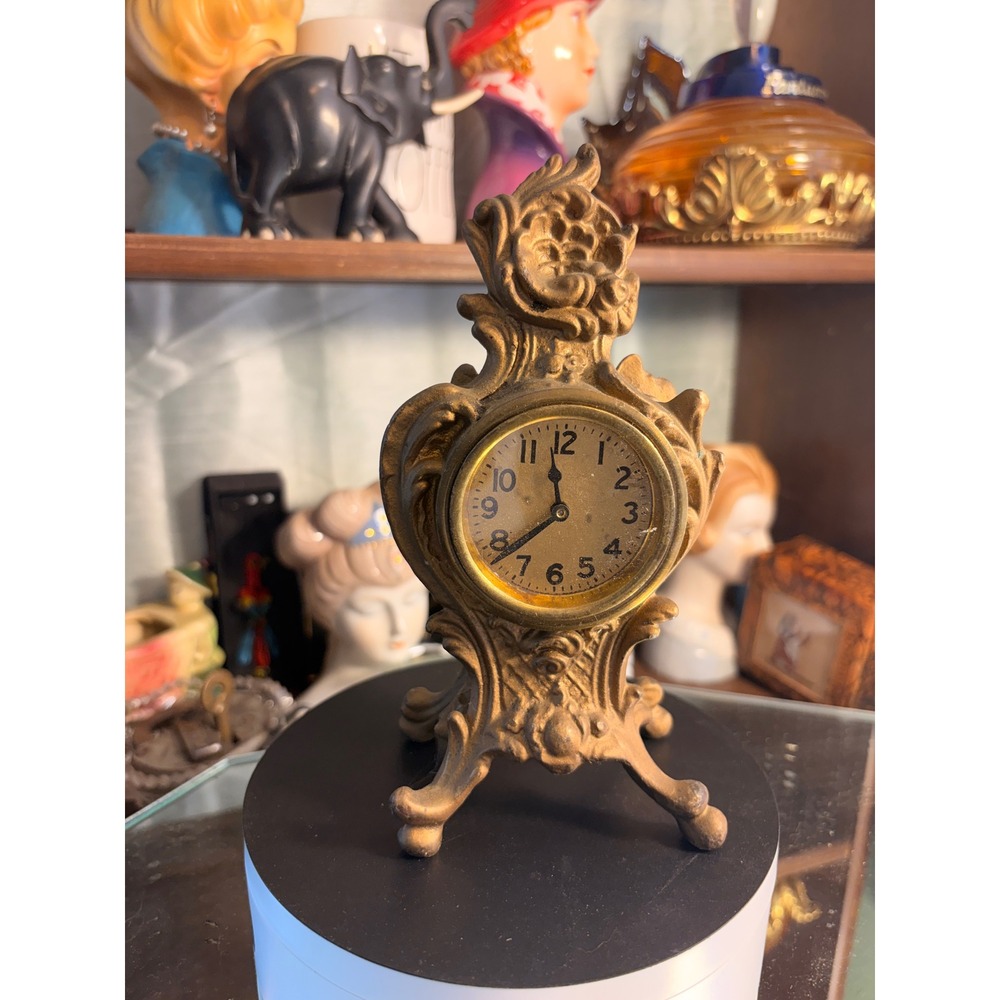 Vintage Ornate Brass Mantel Clock Rococo Style Gold Tone Small Desk Clock